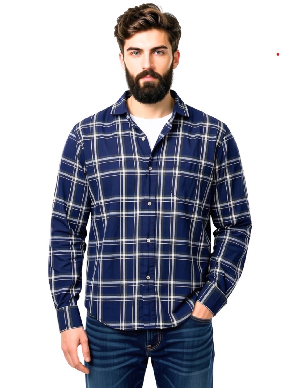 Ledbury Men's Linen Tailored Fit Navy Blue, Green, White Check / Plaid Shirt